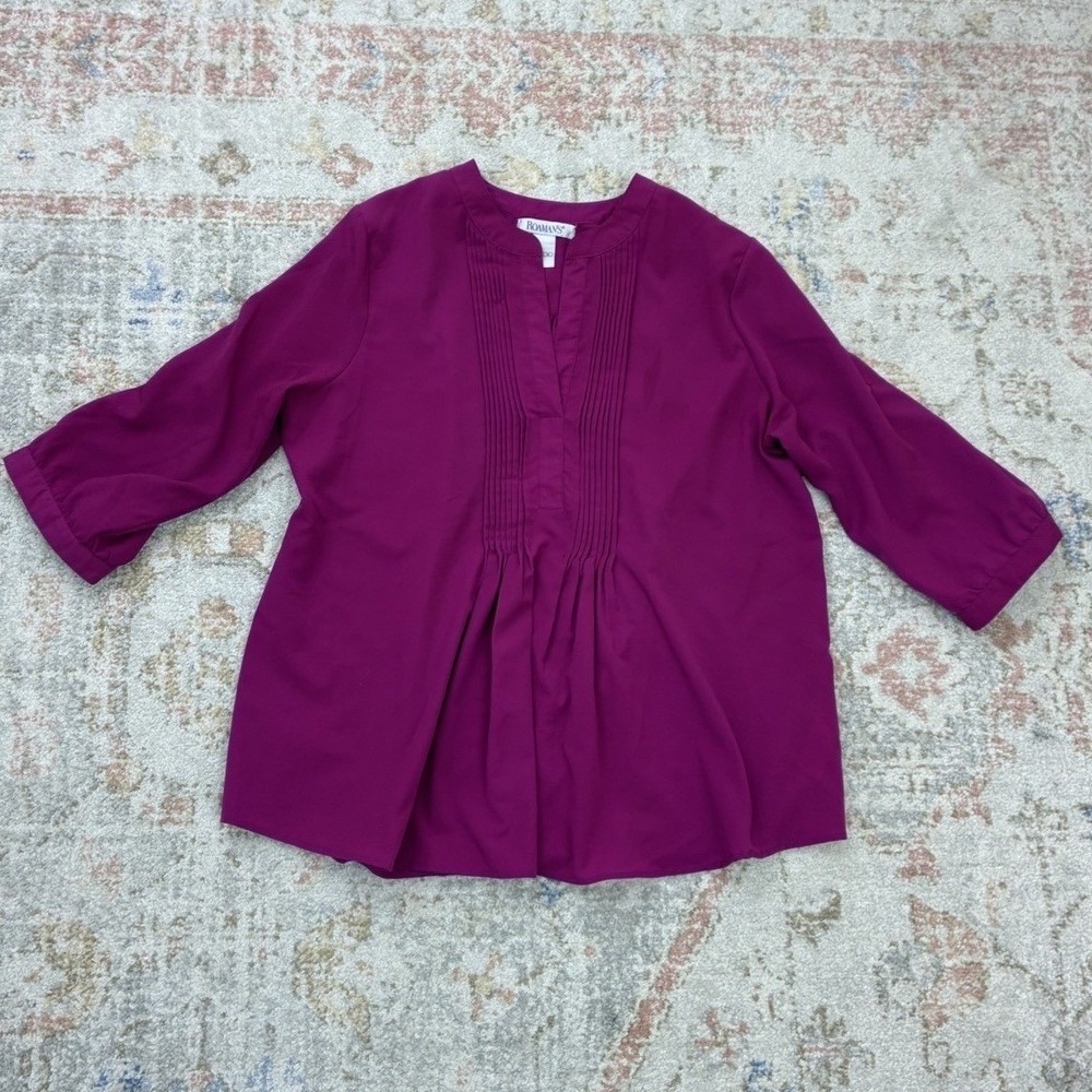 Roaman's Plus Size M Pleated Front Blouse Notch Neck Tunic Top Berry Magenta